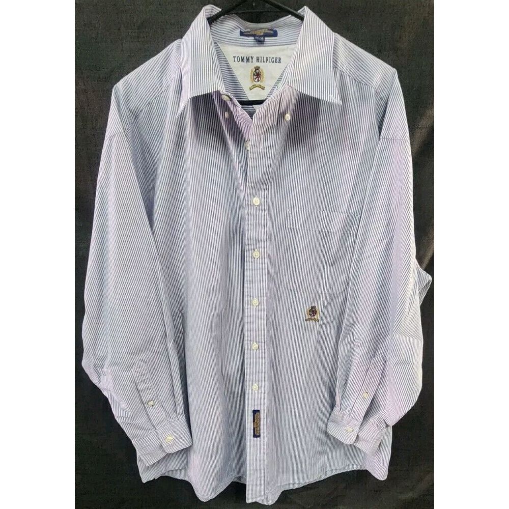 Tommy Hilfiger Long Sleeve Striped Button Down Shirt 17.5 34 Mens Logo EUC
